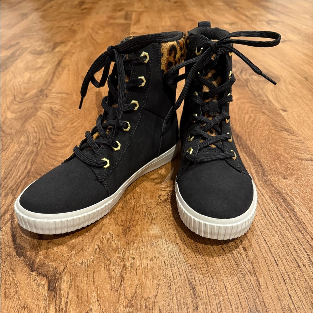 Timberland Skyla Bay Leopard Accent, Black Leather Sneaker Boots, Wom. Sz 7